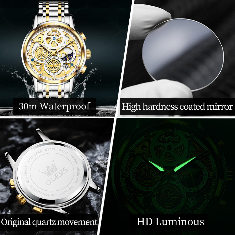 OLEVS Watch for Men Waterproof Trendy Hollow-Carved Design Stainless Steel Chronograph Luminous multifunctional Watch 9947