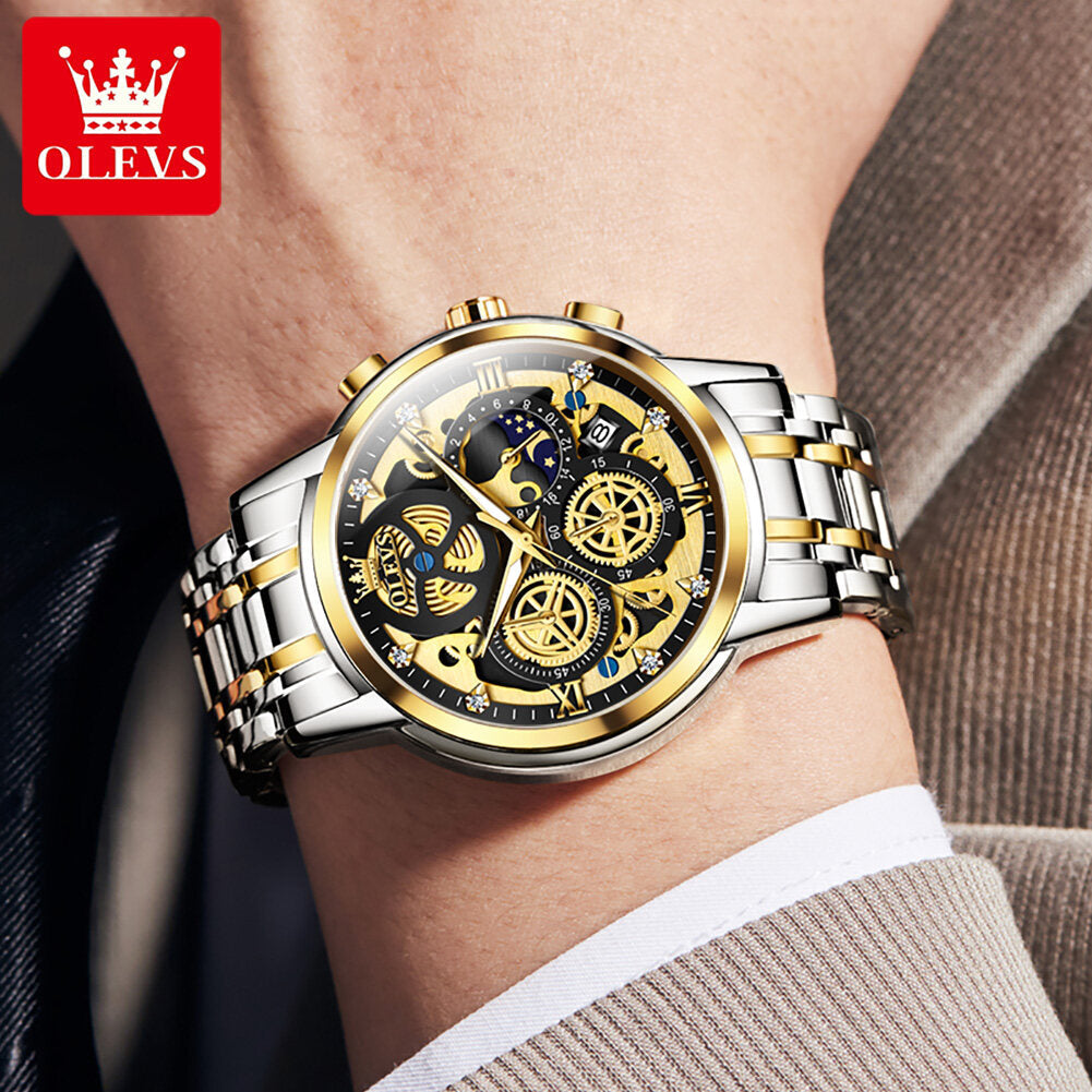 OLEVS Watch for Men Waterproof Trendy Hollow-Carved Design Stainless Steel Chronograph Luminous multifunctional Watch 9947