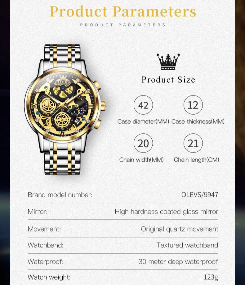 OLEVS Watch for Men  Waterproof Trendy Hollow-Carved Design Stainless Steel Chronograph Luminous multifunctional Watch 9947