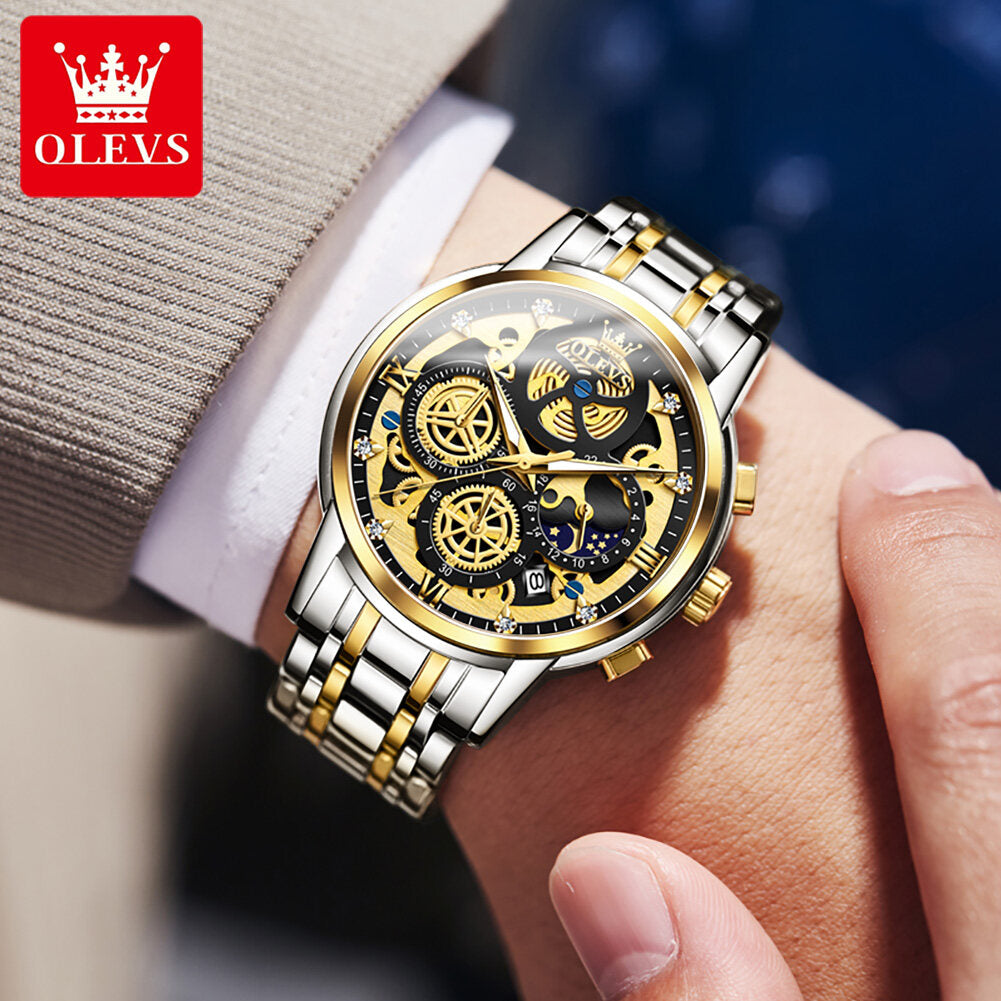 OLEVS Watch for Men  Waterproof Trendy Hollow-Carved Design Stainless Steel Chronograph Luminous multifunctional Watch 9947