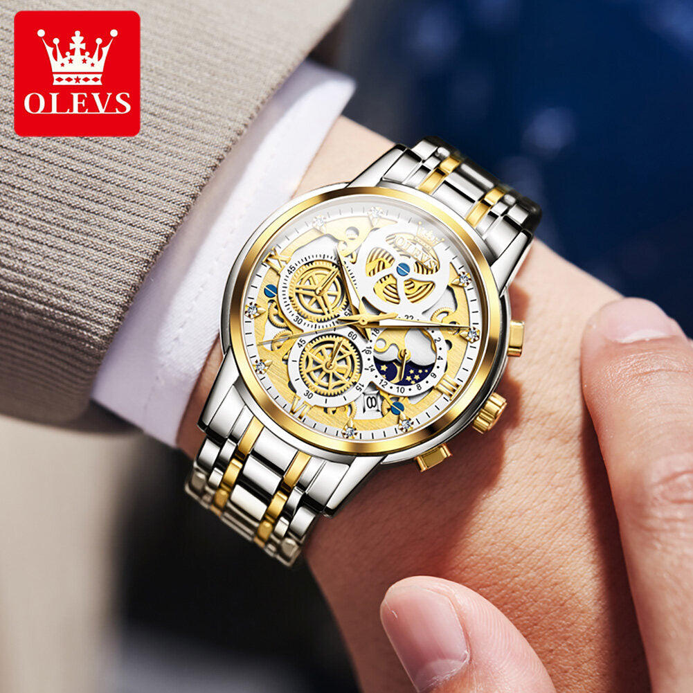 OLEVS Watch for Men  Waterproof Trendy Hollow-Carved Design Stainless Steel Chronograph Luminous multifunctional Watch 9947