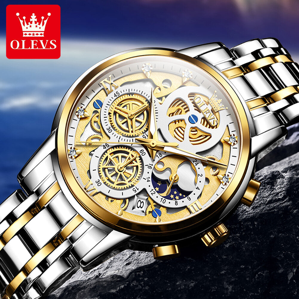 OLEVS Watch for Men  Waterproof Trendy Hollow-Carved Design Stainless Steel Chronograph Luminous multifunctional Watch 9947