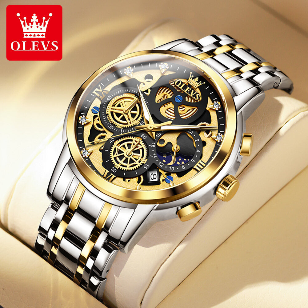 OLEVS Watch for Men  Waterproof Trendy Hollow-Carved Design Stainless Steel Chronograph Luminous multifunctional Watch 9947