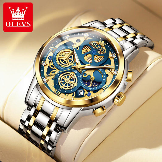 OLEVS Watch for Men  Waterproof Trendy Hollow-Carved Design Stainless Steel Chronograph Luminous multifunctional Watch 9947