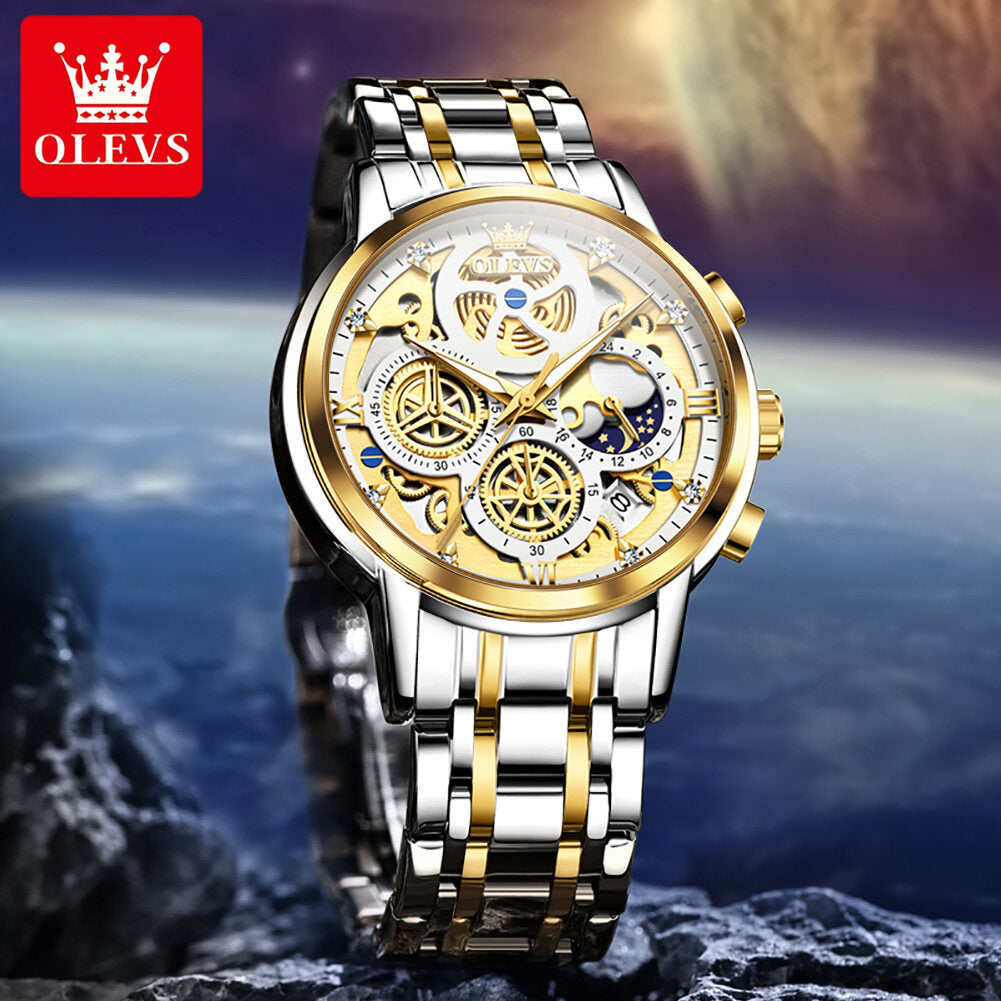 OLEVS Watch for Men  Waterproof Trendy Hollow-Carved Design Stainless Steel Chronograph Luminous multifunctional Watch 9947