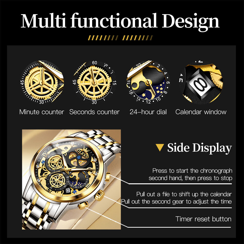 OLEVS Watch for Men  Waterproof Trendy Hollow-Carved Design Stainless Steel Chronograph Luminous multifunctional Watch 9947