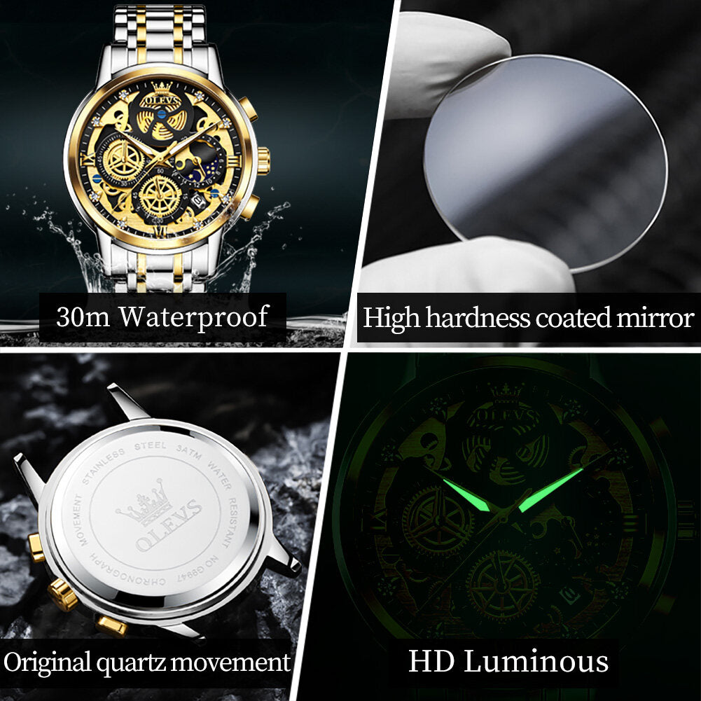 OLEVS Watch for Men  Waterproof Trendy Hollow-Carved Design Stainless Steel Chronograph Luminous multifunctional Watch 9947