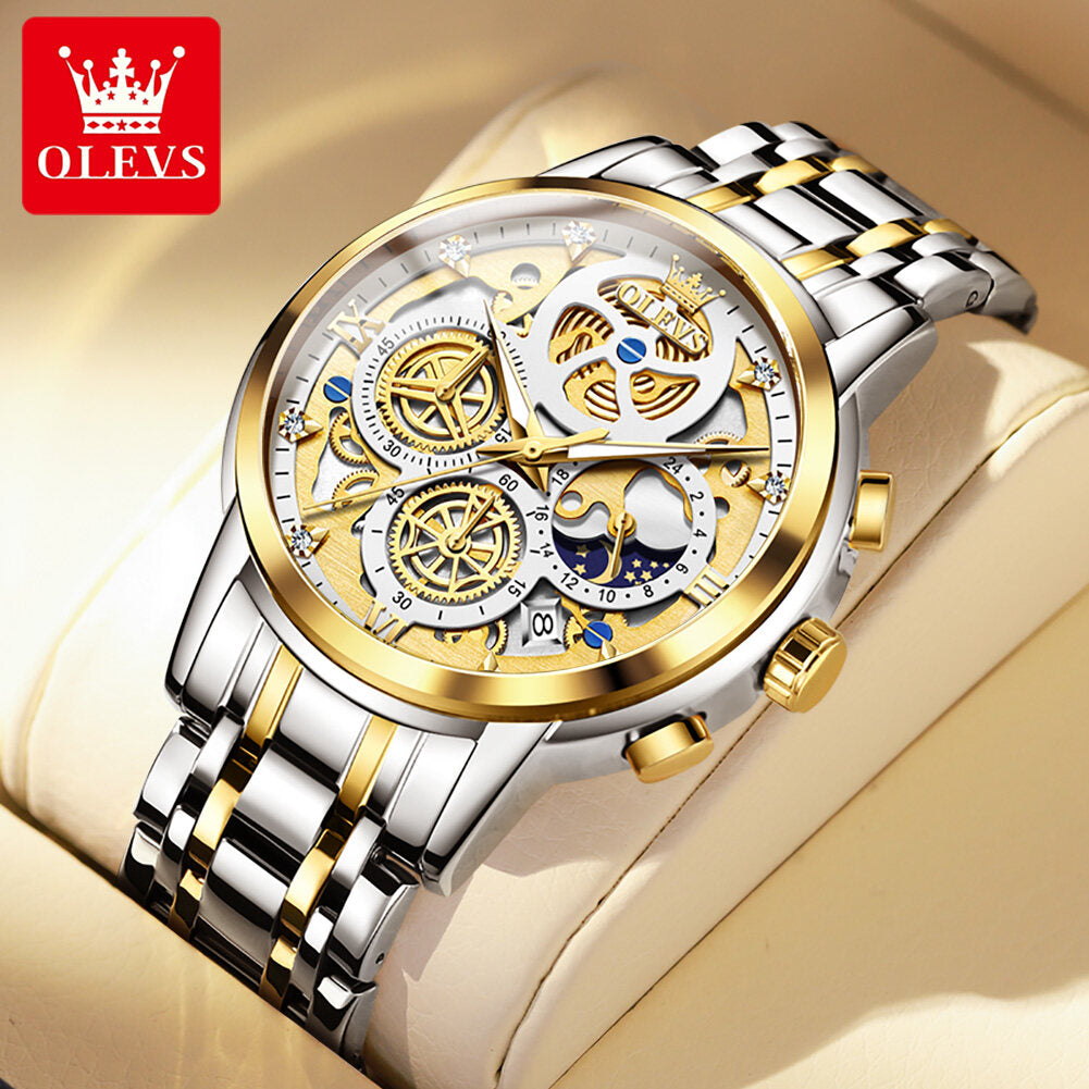 OLEVS Watch for Men  Waterproof Trendy Hollow-Carved Design Stainless Steel Chronograph Luminous multifunctional Watch 9947