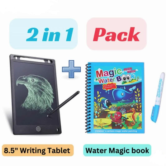 Toys Magic Water Book and LCD Writing Tablet Set Best Gift to your kid - Reusable Doodle Book with Pen and Single Color Erasable, Educational Drawing Pad for Kids to Learn Art Skills.