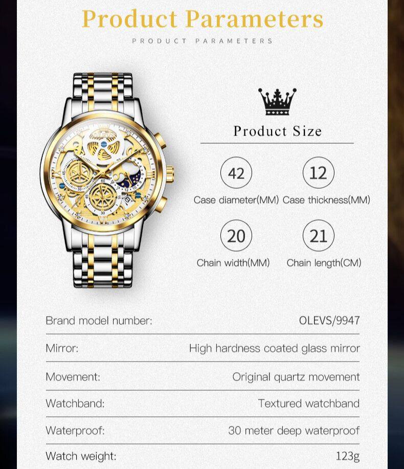 OLEVS Watch for Men  Waterproof Trendy Hollow-Carved Design Stainless Steel Chronograph Luminous multifunctional Watch 9947