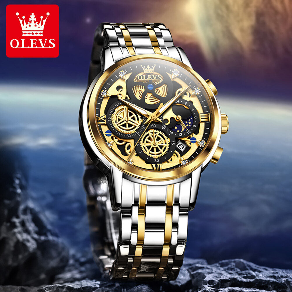OLEVS Watch for Men  Waterproof Trendy Hollow-Carved Design Stainless Steel Chronograph Luminous multifunctional Watch 9947