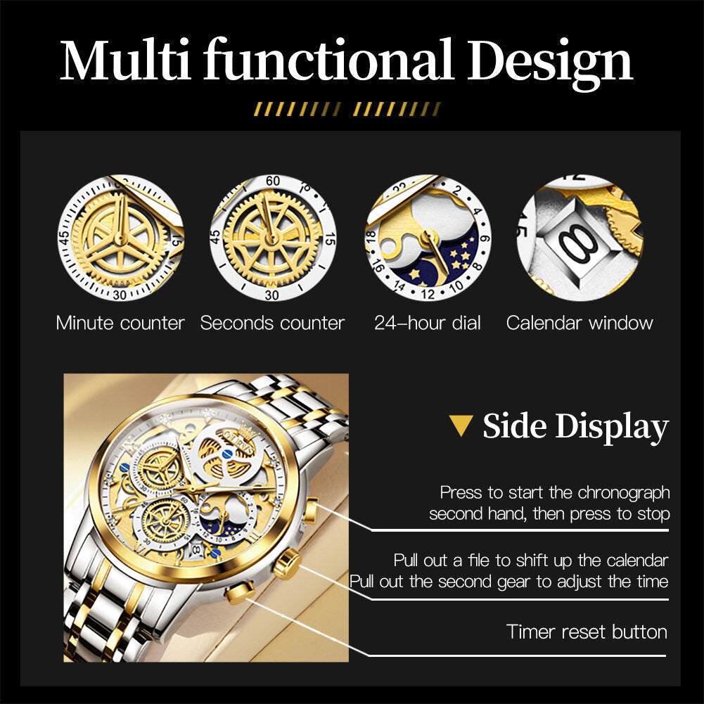 OLEVS Watch for Men  Waterproof Trendy Hollow-Carved Design Stainless Steel Chronograph Luminous multifunctional Watch 9947