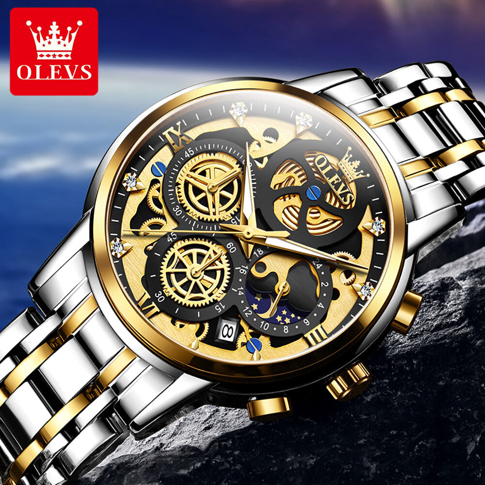OLEVS Watch for Men  Waterproof Trendy Hollow-Carved Design Stainless Steel Chronograph Luminous multifunctional Watch 9947